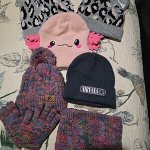 ​Girls Winter Accessory Lot 8pc Nirvana Pokémon Leopard Axolotl Beanie Glove Set